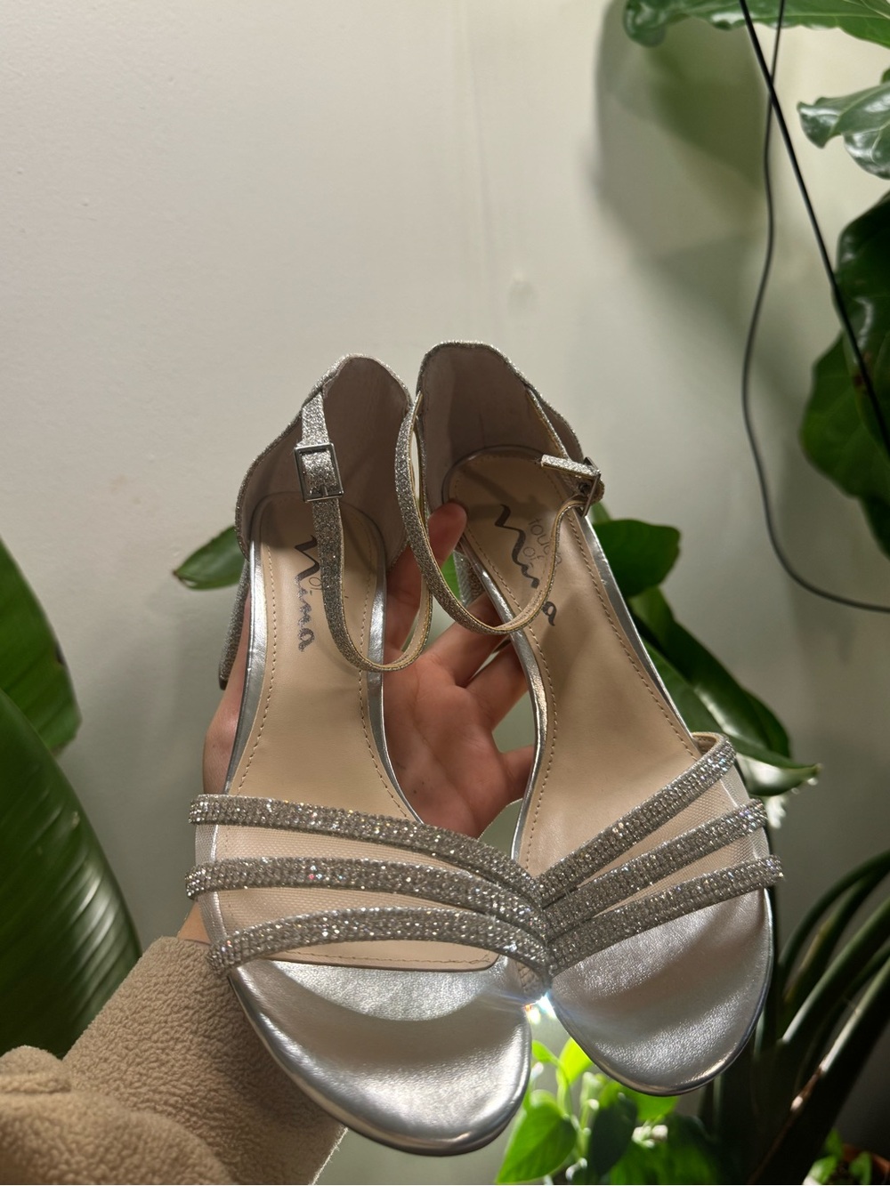 Touch of Nina Silver Crystal-Strap Open-Toe Heels